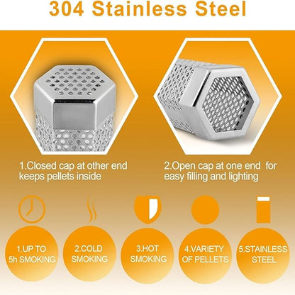 Hexagon Pellet Smoker Tube,12 inch Stainless Steel BBQ Wood Pellet Tube Smoker for Cold/Hot Smoking,5 Hours of Billowing Smoke-for Any Grill or Smoker