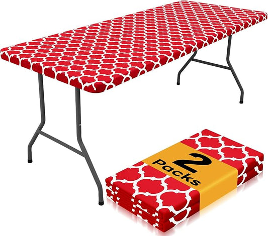 Smiry 2 Pack Rectangle Table Cloth 6 Foot, Waterproof Elastic Fitted Tablecloths, Windproof Washable Polyester Table Cover for Picnic, Camping, Outdoor (Red, 30"x72")