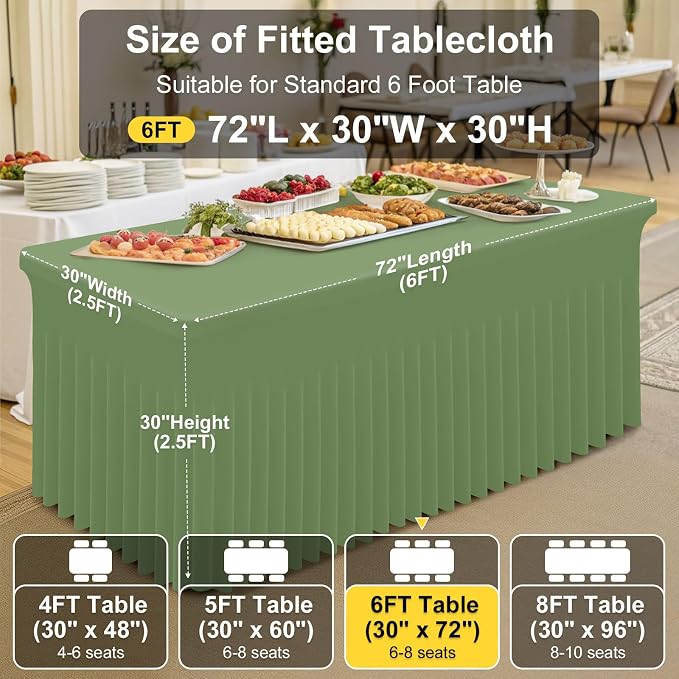 Smiry Spandex Elastic Fitted Table Cloth Skirt for 6FT Rectangle Table | Stretch Washable Table Cloth, Banquet Table Cover for Wedding, Party, Indoor & Trade Shows, (Sage Green, 72Lx30Wx30H)