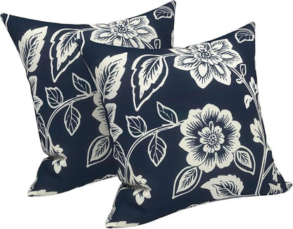 LVTXIII 2 Pack Outdoor Pillow Covers ONLY 18x18 Inch, Water-Repellent Square Decorative Cushion Covers for Patio Furniture, Garden, Sofa, Elegant Vines Navy