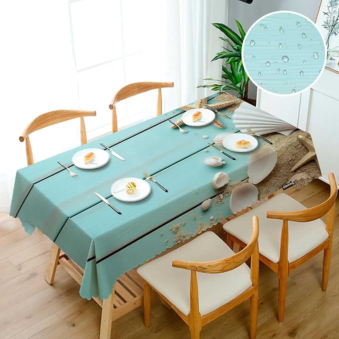 Swono Seashells Tablecloth Ocean Sand Starfish Seashells On Wooden Decorative Table Cover for Kitchen, Dinner Room, Party Banquet and Holiday Tablecloth, 52x70 Inch(4-6 Seats)
