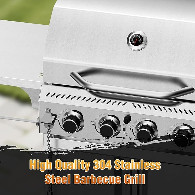 R.W.FLAME 4-Burner Gas Grill, Propane Grill with Folding Side Tables, Heavy-Duty Thickened Stainless Steel Grill, 32,000 BTU BBQ Grill for Outdoor Cooking, Barbecue, Garden and Patio Backyard