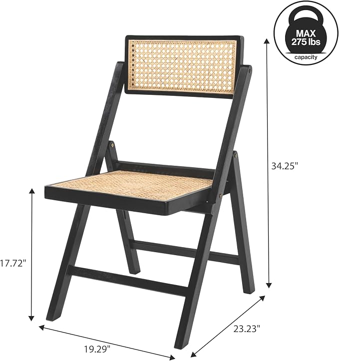 JONATHAN Y Theo Teak Wood and Rattan Folding Chairs, Set of 2, Black | Woven Cane Seat, Back, Portable Lightweight Design, For Dining Room, Living Room, Mid-Century Vintage Bohemian Style