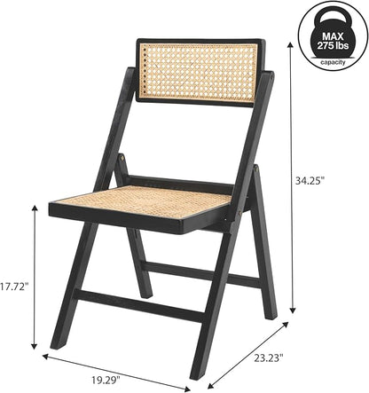 JONATHAN Y Theo Teak Wood and Rattan Folding Chairs, Set of 2, Black | Woven Cane Seat, Back, Portable Lightweight Design, For Dining Room, Living Room, Mid-Century Vintage Bohemian Style