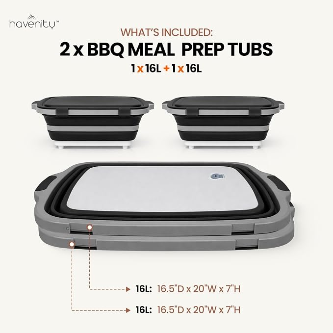 BBQ Prep Tub 2 Pack (16L+16L) - Multifunctional Collapsible Camping Cutting Board with Upgraded Locking lid, Meal Prep Meat Storage Container Perfect for Grilling, Outdoor Cooking (XL x 2)