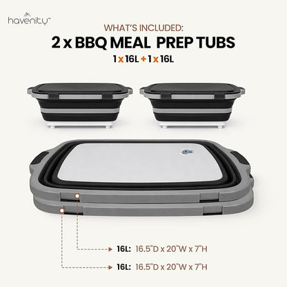 BBQ Prep Tub 2 Pack (16L+16L) - Multifunctional Collapsible Camping Cutting Board with Upgraded Locking lid, Meal Prep Meat Storage Container Perfect for Grilling, Outdoor Cooking (XL x 2)
