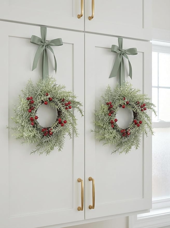 2 Pcs Christmas Candle Rings Wreaths, 10 Inch Flocked Candle Wreath with Artificial Berries Rosemary, Christmas Candle Holder Indoor Decor for Home Kitchen Cabinets Centerpieces for Tables