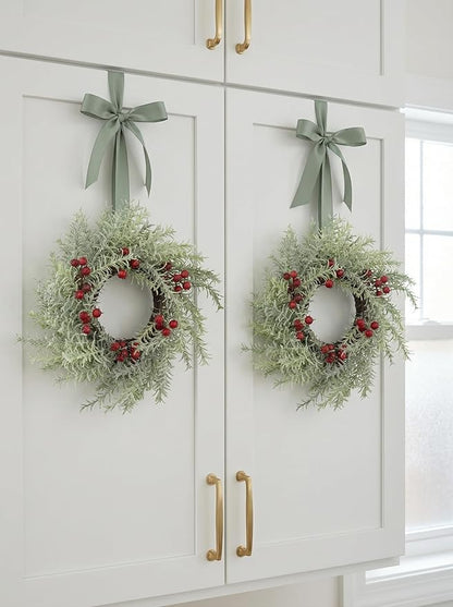 2 Pcs Christmas Candle Rings Wreaths, 10 Inch Flocked Candle Wreath with Artificial Berries Rosemary, Christmas Candle Holder Indoor Decor for Home Kitchen Cabinets Centerpieces for Tables