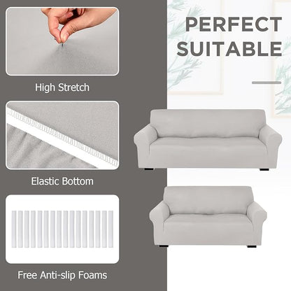 Peryiter 2 Pcs Couch and Loveseat Sofa Covers,Silver Gray,Milk Silk | Armchair Covers for Living Room, Sofa Cushion Slipcover 2/3 Seater, Furniture Protector, Polyester and Spandex, Washable