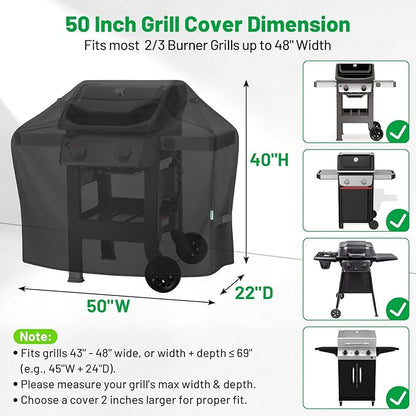 Grill Cover 50 Inch, Heavy Duty Waterproof BBQ Grill Cover for Outdoor Grill with Windproof Straps & Handles, Barbecue Gas Grill Cover for Weber, Char-Broil, Nexgrill, Black