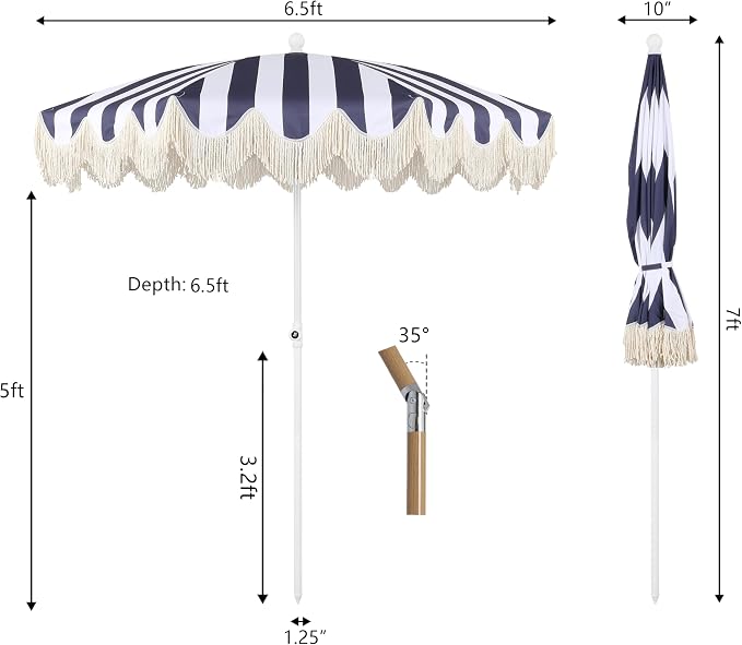 JONATHAN Y Mariner 6.5 ft. Striped Fringe Beach Umbrella, Navy/White | Push-Button Tilt, UV 50 Protection, Matching Carry Bag, Iron Pole, Wind Vent, Scalloped Round Canopy, Coastal Style