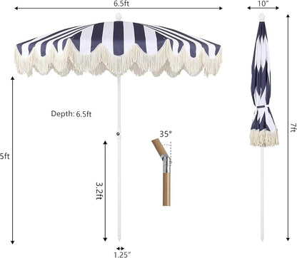 JONATHAN Y Mariner 6.5 ft. Striped Fringe Beach Umbrella, Navy/White | Push-Button Tilt, UV 50 Protection, Matching Carry Bag, Iron Pole, Wind Vent, Scalloped Round Canopy, Coastal Style