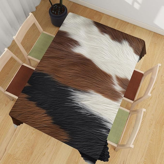 Cow Fur Table Cloth Brown White Spots Animal Fur Polyester Tablecloth Kitchen Table Cover for Dining BBQ Picnic Coffee Table 52 x 70 Inch 4-6 Seats