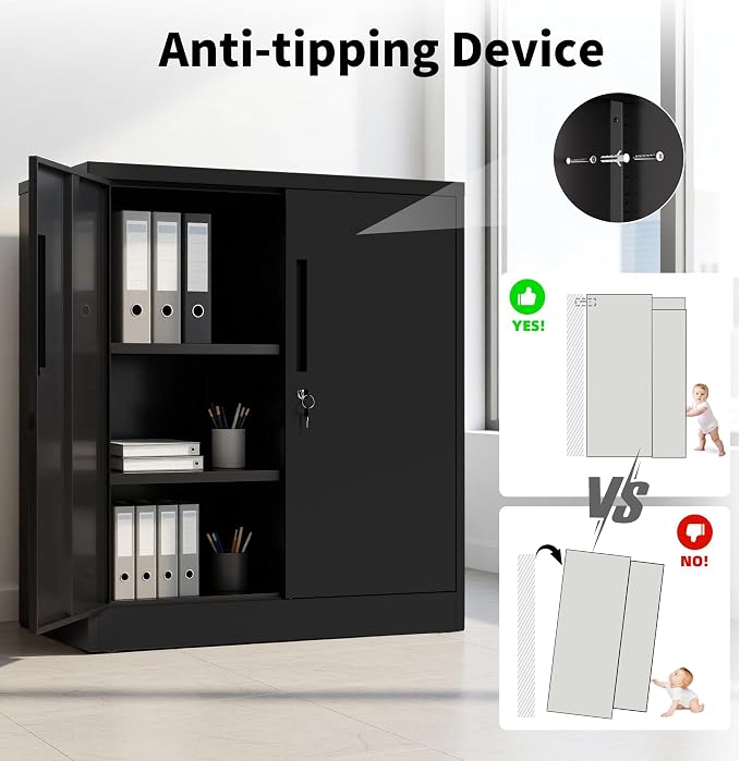 36" H Metal Cabinet with Lock, Lockable Storage Cabinet, Black | Storage Cabinet with 2 Doors and 2 Adjustable Shelves, Locking Steel Cabinet for Garage Office Home, 36"H x 16"D x 32"W