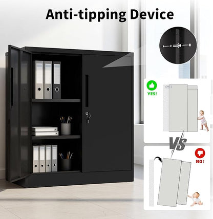 36" H Metal Cabinet with Lock, Lockable Storage Cabinet, Black | Storage Cabinet with 2 Doors and 2 Adjustable Shelves, Locking Steel Cabinet for Garage Office Home, 36"H x 16"D x 32"W