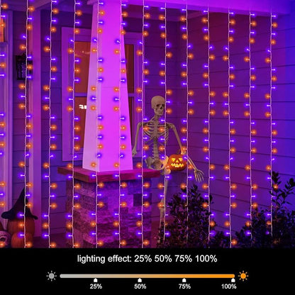 echosari Halloween Curtain Lights Battery Operated 300 LED Purple Orange | 9.8Ft x 9.8Ft Hanging Lights with Remote Timer for Party Garden Yard Decor