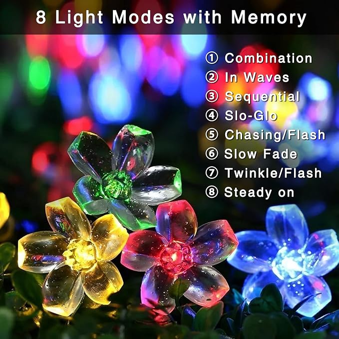 JMEXSUSS 2 Pack Solar String Lights Outdoor, Each 50LED, Flower, Multicolor | Outdoor Waterproof, 30.6ft, Cherry Blossoms, 8 Modes Christmas Lights for Garden Patio Yard Tree Party Decorations