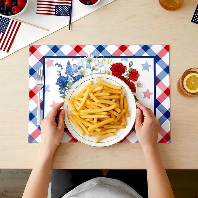 Eaasty 50 Pcs Patriotic Floral Paper Placemats 4th of July 250th Anniversary Disposable Table Mats with Flowers Plaid for Independence Day Memorial Day Supplies Party Table Setting Decoration