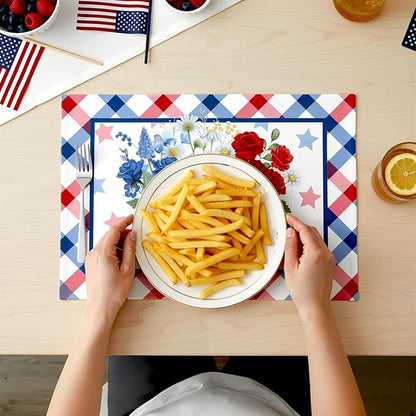 Eaasty 50 Pcs Patriotic Floral Paper Placemats 4th of July 250th Anniversary Disposable Table Mats with Flowers Plaid for Independence Day Memorial Day Supplies Party Table Setting Decoration