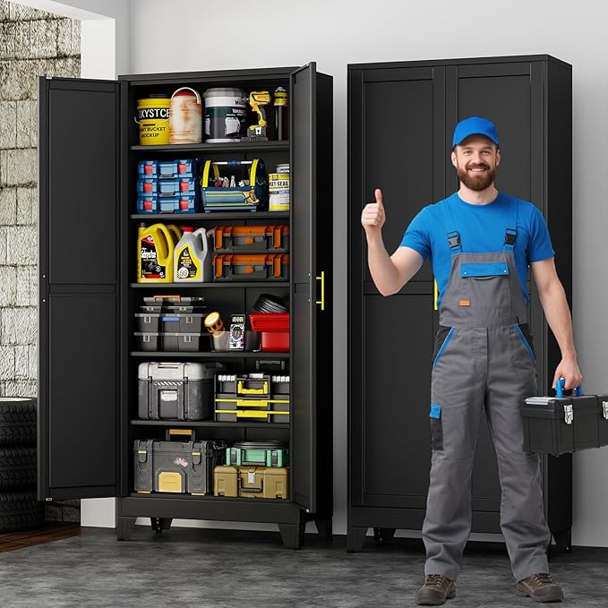75" Metal Garage Storage Cabinet with 2 Doors and 5 Adjustable Shelves,Metal Storage Cabinets,Steel Tool Cabinets for Home,Office,Garage,Warehouse,Widen (Black, 75''H x 32''W x 16''D-B)