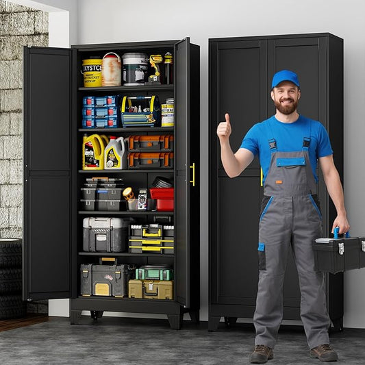 75" Metal Garage Storage Cabinet with 2 Doors and 5 Adjustable Shelves,Metal Storage Cabinets,Steel Tool Cabinets for Home,Office,Garage,Warehouse,Widen (Black, 75''H x 32''W x 16''D-B)
