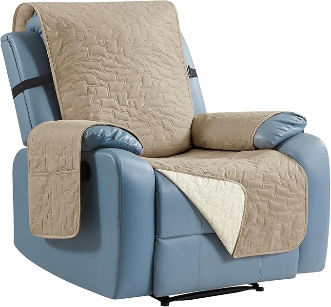 CUCRAF Non Slip Quilted Sofa Cover, Water Resistant Slipcover Furniture Protector for 1 Cushion Sofa Pet Friendly, Washable Couch Cover with Adjustable Elastic Straps (Medium Recliner, Khaki)