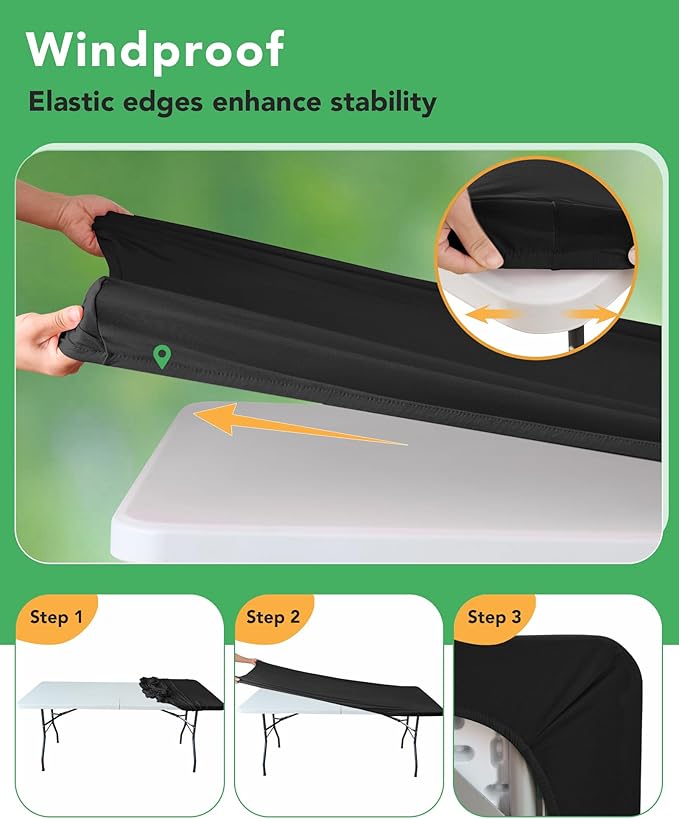 Fitted Tablecloth Rectangle Table Cloths with Elastic, 8 ft, Black, 6 Pack | For Outdoor Picnic Camping Party 8 foot Folding Spandex Table Covers, Water-Resistant, Windproof, Reusable, 96"L x 30"W