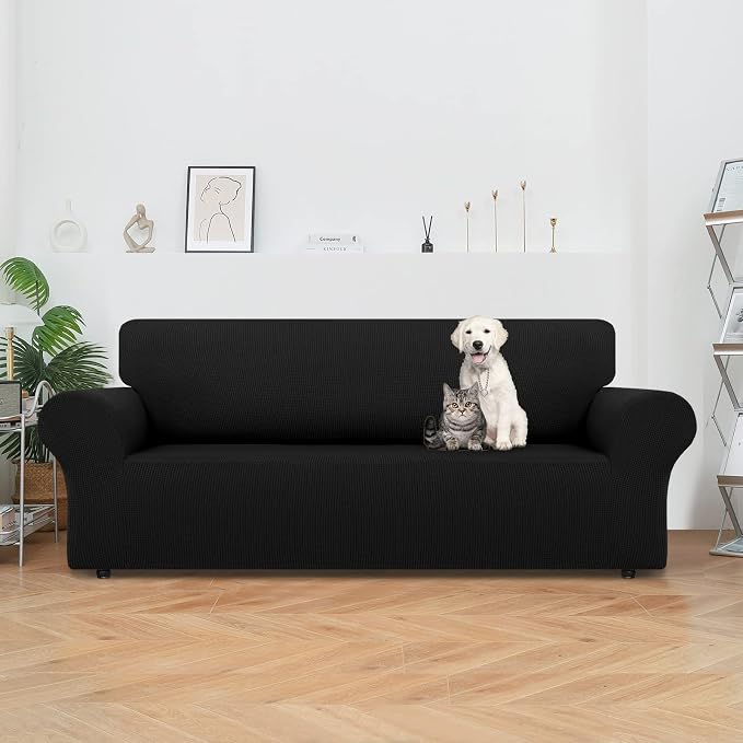LURKA Stretch Oversized Couch Cover, 1 Piece 4 Seater Sofa Slipcover, Black | Soft Stretch Jacquard, Fits 94"-110" Oversized Sofas, Elastic Bottom for Secure Fit, Machine Washable, Pet & Kid Friendly