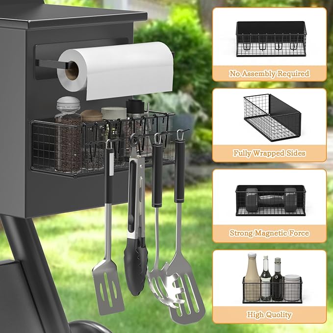 1 Pack Magnetic Storage Bin and Paper Towel Holder for Traeger Smoker Grills, Suit for Traeger Ironwood 885, Pro Series 34, Pro Series 22, Pro D2 575, Pro 780, Ironwood 650, Z-Grills, Pit boss