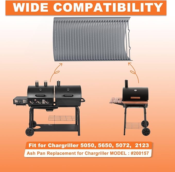 LS'BABQ 20 Inches Ash Pan Charcoal Grill Replacement Parts for Chargriller 5050 5072 5650 2123 2223 2823 Charcoal Grills with 2 PCS Fire Grate Hangers, Replacement Part for Chargriller Model #200157