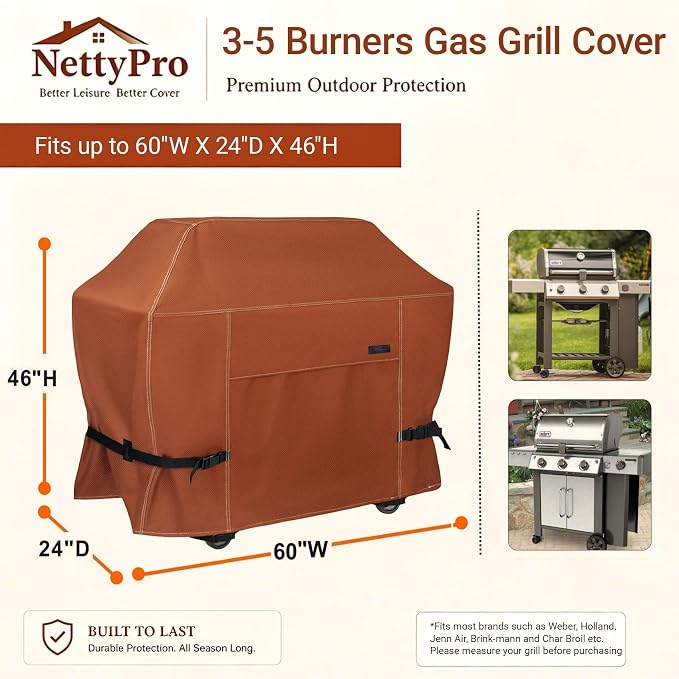 NettyPro Grill Cover for Outdoor Grill 60 inch Waterproof Heavy Duty Gas BBQ Cover for Outside Weber, Char-Broil, Brinkmann, Jenn Air, Nexgrill 3-4 Burners Barbecue, Brown