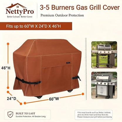 NettyPro Grill Cover for Outdoor Grill 60 inch Waterproof Heavy Duty Gas BBQ Cover for Outside Weber, Char-Broil, Brinkmann, Jenn Air, Nexgrill 3-4 Burners Barbecue, Brown