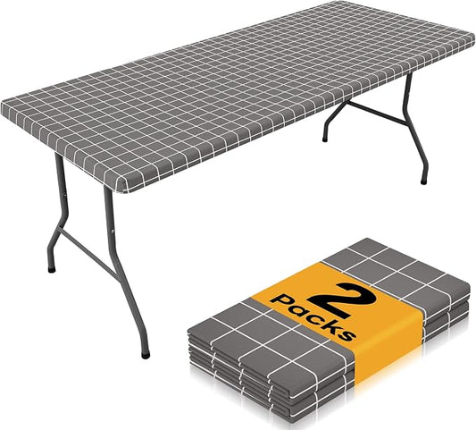 Smiry 2 Pack Rectangle Table Cloth 6 Foot, Waterproof Elastic Fitted Tablecloths, Windproof Washable Polyester Table Cover for Picnic, Camping, Outdoor (Grey & White, 30"x72")