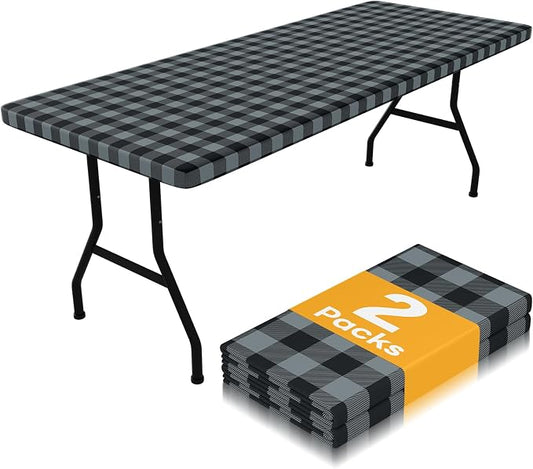 Smiry Picnic Table Cloth 2 Pack, Waterproof Elastic Fitted Tablecloths for 8FT Rectangle Tables, Washable Polyester Buffalo Plaid Tablecloth for Camping & Outdoor (Black & Grey, 30" x 96")