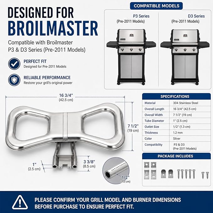 DPP101 Stainless Steel Burner Set, Replacement for Broilmaster D3/P3Gas Grills (Pre-2011 Models) , 304 Stainless Steel Grill Replacement Burner, Includes Dual Venturi Tubes & Full Mounting Hardware