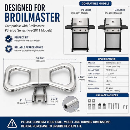 DPP101 Stainless Steel Burner Set, Replacement for Broilmaster D3/P3Gas Grills (Pre-2011 Models) , 304 Stainless Steel Grill Replacement Burner, Includes Dual Venturi Tubes & Full Mounting Hardware