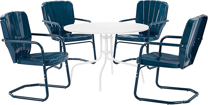 Crosley Furniture Ridgeland 5-Piece Outdoor Dining Set for 4, Retro Metal Round Patio Table and Chairs, Navy Gloss