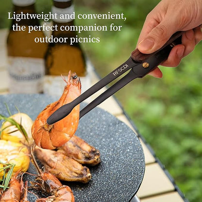 Exquisite Lightweight Cooking Tongs - 304 Stainless Steel & Walnut Wood, Comfortable Grip, Non-Slip Design, High Heat Resistant - Ideal for Light and small food, Kitchen Plating, Korean BBQ, 9-Inch