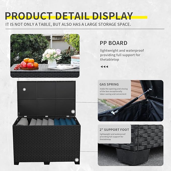 Lviden 140 Gallon Outdoor Storage Box Wicker Patio Storage Bin with Waterproof Lining Bag Deck Box and Cushion Storage Bin Outdoor, Black