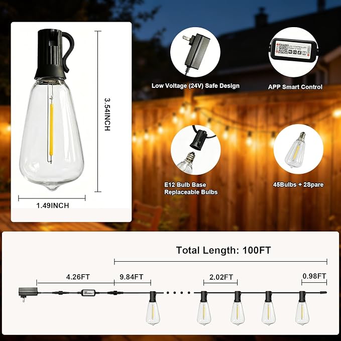 ST38 Outdoor String Lights 100FT, 45 Bulbs, App Remote | 45 LED Bulbs plus 2 Spare; 2700K Warm White; App and Remote; Music Sync; 24V Plug-In; Plastic Bulbs