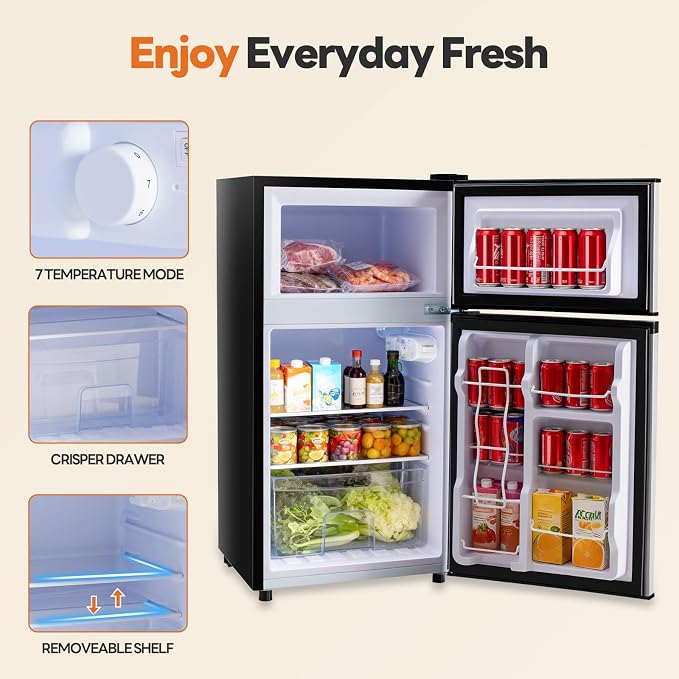 OLIXIS 3.2 Cu.Ft Mini Fridge with Freezer, Small Refrigerator, Black | Double Door Design, 7-Level Thermostat, 41 dB Quiet Operation, 0.8 kWh Daily, LED Interior Light for Bedroom, Office, Dorm