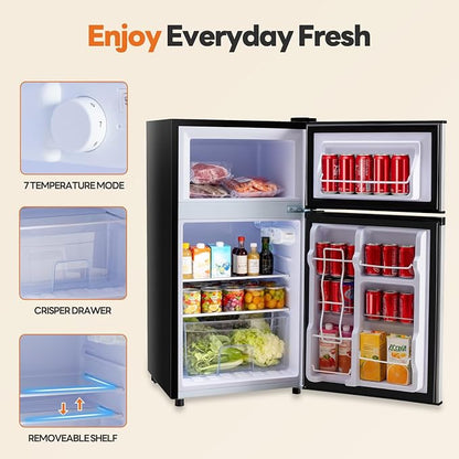 OLIXIS 3.2 Cu.Ft Mini Fridge with Freezer, Small Refrigerator, Black | Double Door Design, 7-Level Thermostat, 41 dB Quiet Operation, 0.8 kWh Daily, LED Interior Light for Bedroom, Office, Dorm