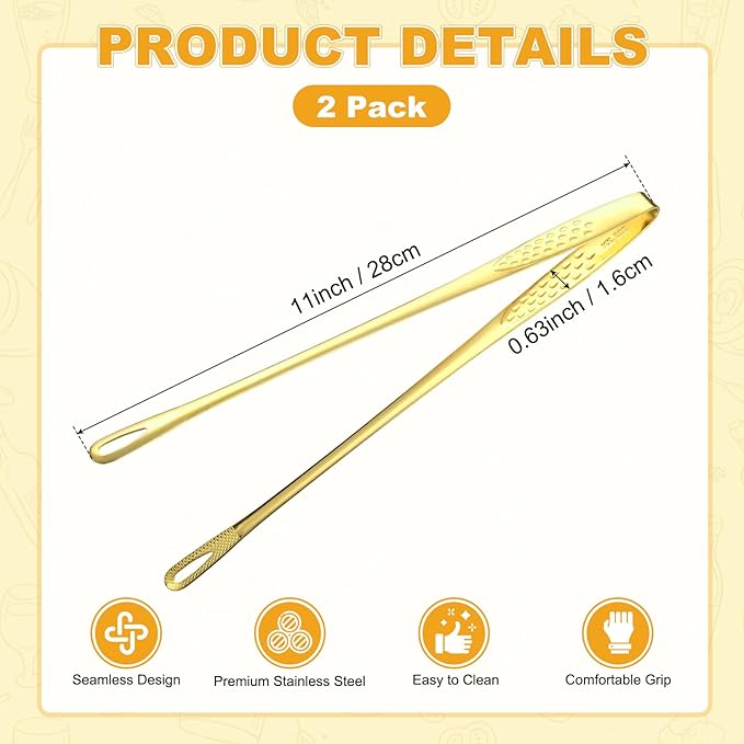 M METERXITY 2-Pack Extra Long Grill Tongs, 11 Inch Non-Slip 304 Stainless Steel Locking Tongs for Cooking/Buffet/Outdoor Barbecue, Korean BBQ Tweezers Metal Clamp Tool [Gold Tone]