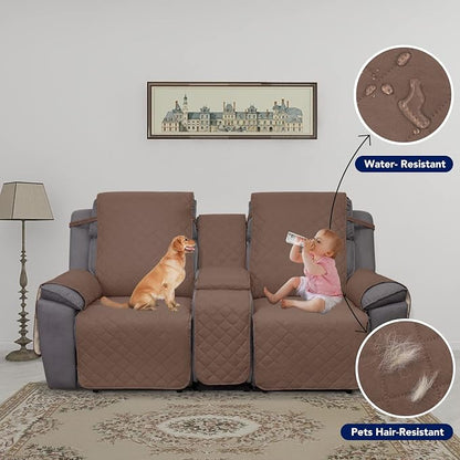 PureFit Water Resistant Reversible Loveseat Recliner Cover for Double | Double with Console, Non Slip Split Sofa Cover, Washable Reclining Cover, Brown/Beige