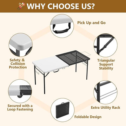 5FT Folding Table, Camping Table for Grill with Solid＆Metal Grid Grilling Surface, BBQ Prep Table Portable with Carry Handle for Party Cooking, Camping, Backyard, Beach and Patio Use