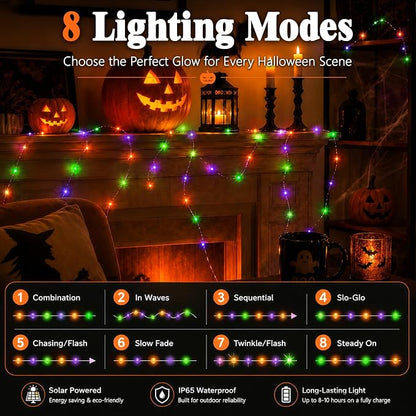 cshare Halloween Solar Fairy Lights 2 Pack 16.4FT 50LED Each, Orange Purple Green Halloween Lights Waterproof Outdoor Black Wire String Lights for Yard Porch Garden Fence Tree Decor