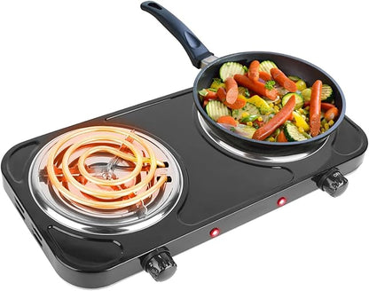KOCASO 2000W Dual Burner Portable Electric Hot Plate with Coil Heating Elements, 5 Temperature Settings (302℉-1022℉), Non-Slip Rubber Feet for Countertop, RV, Dorm & Apartment Use