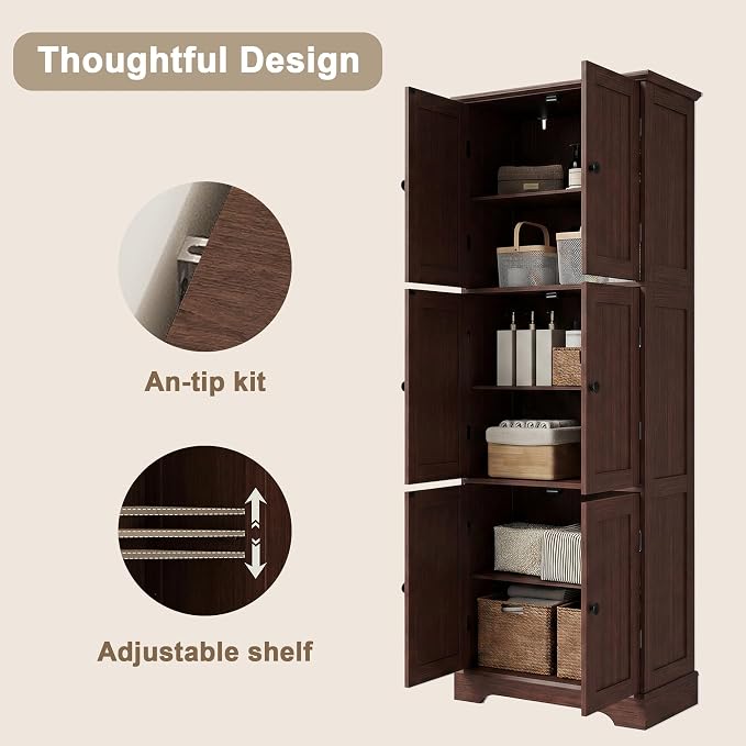 ChooChoo 63.2" Tall Bathroom Storage Cabinet with 6 Doors | Freestanding Floor Cabinet, Adjustable Shelves, Pantry Cabinet for Bathroom, Kitchen, Laundry Room, Rustic Walnut
