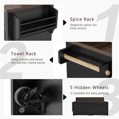 Merax 53.2" Two-Tier Kitchen Island with Storage, Farmhouse Kitchen Island with Power Outlet, 4 Door Shelves, Adjustable Shelves, 3 Drawers, Rolling Island Table, Bar Cabinet for Kitchen, Ash Black