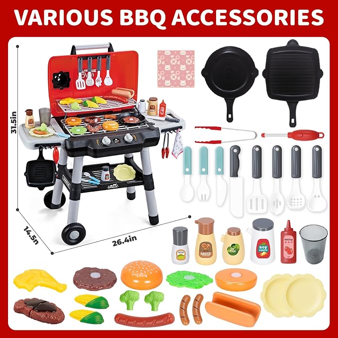 Shemira Kids Play Kitchen Toys, Kids BBQ Grill Playset, Play Grill Toys | 2-Layer Barbecue Toy with Wheel Smoke Sound Light, Outdoor Toys for Toddlers 3-5, Play Food Toys Cooking Set, Birthday Gift